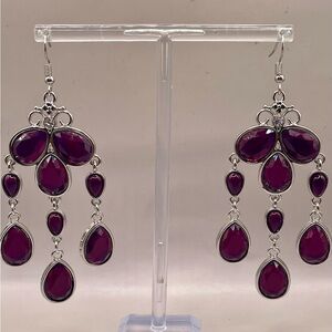 Elegant Purple Gemstone and Silver Tone Drop Dangle Chandelier Earrings